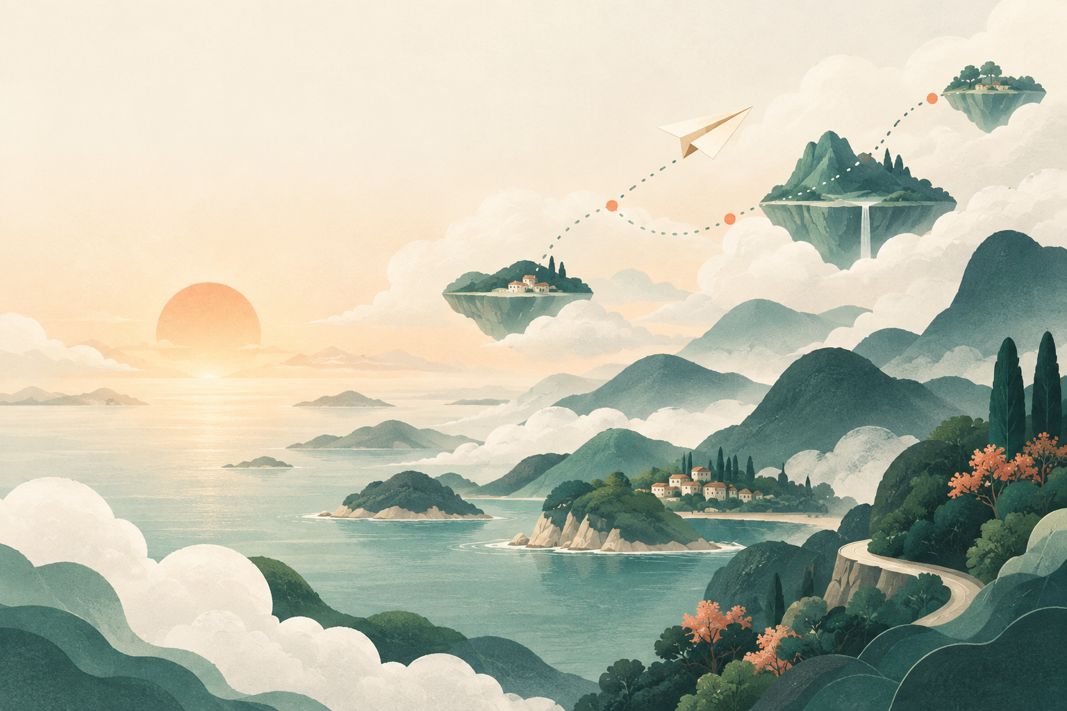纸飞机穿行云海与青绿山屿之间